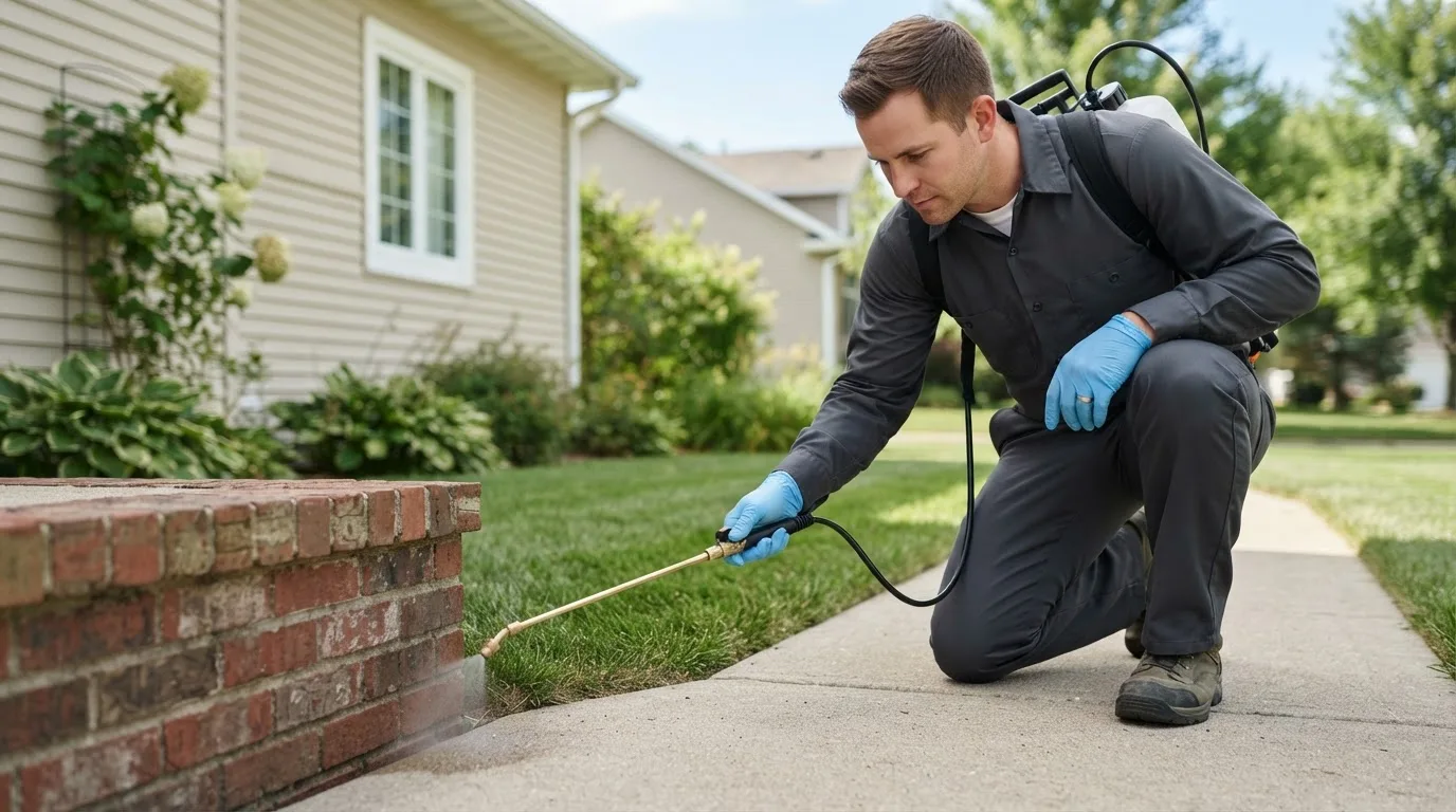 Pest control technician treating a home near West Union, WV